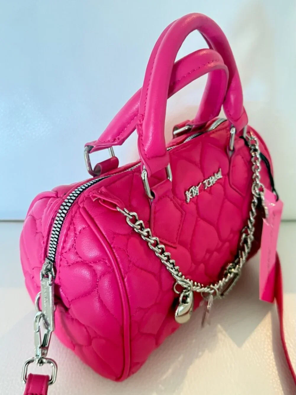 NWT Betsey Johnson xojean W/ Chain Satchel Crossbody Quilted Hearts Hot Pink